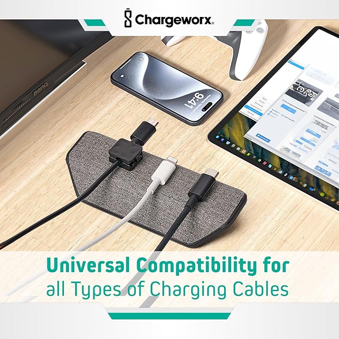 CHARGEWORX Magnetic Cable Organizer – 2 Pack - Weighted Non-Adhesive Cord Holder with 3 Magnetic Clips for USB-C, Lightning & MagSafe Cables – Desk, Office & Nightstand Cable Management