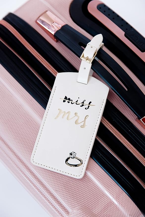 Kate Spade New York White Vegan Leather Luggage Tag, Bridal Gift for Bride, Cute Travel Tag for Honeymoon, Durable Suitcase Tag, Miss to Mrs.
