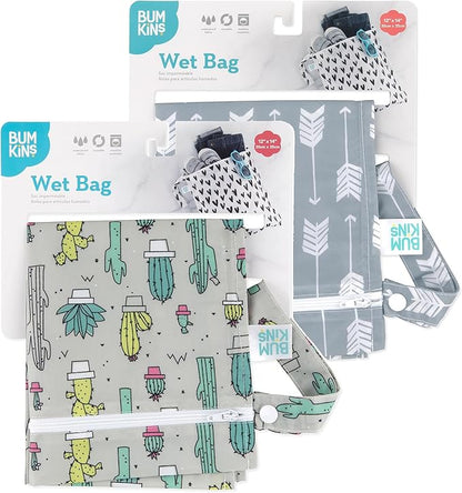 Bumkins - Waterproof Wet Bag - For Baby, Travel, Swim Suit, Cloth Diapers, Pump Parts, Pool, Gym, Toiletry, Strap to Stroller - Reusable & Easy to Clean - 2pk - Cactus & Arrows