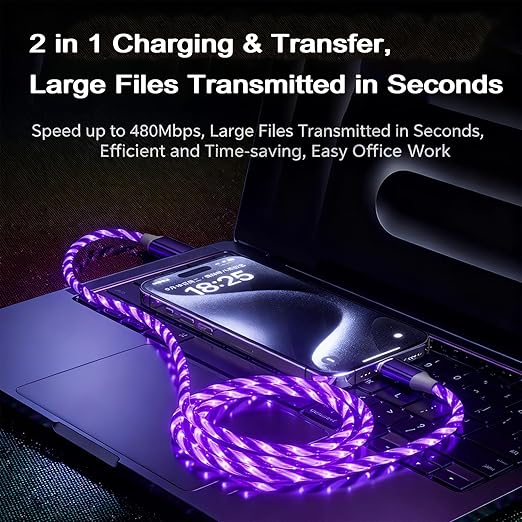 USB Cable PD Fast Charger Lighted Up (USB C to C Starry Purple) Mobile Phone Data Cable,Charging Cable, Supports Data Transfer,39-inch,TPE Material,Compatible with Almost All Type-C Devices.