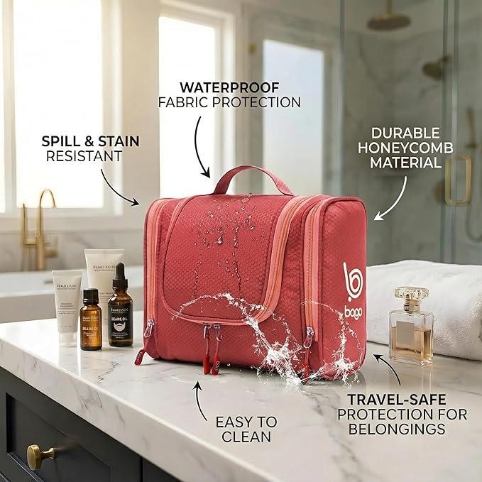 Bago Travel Toiletry Bag for Women and Men - Large Waterproof Hanging Large Toiletry Bag for Bathroom and Travel Bag for Toiletries Organizer - Makeup Bag (Red)