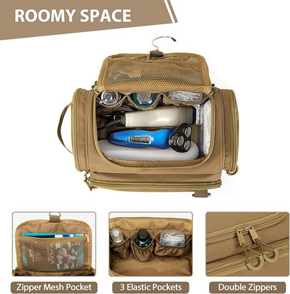 Tactical Toiletry Bag for Men, Hanging Hygiene Bag, Travel Dopp Kit Organizer for Shaving, Shower Essentials and Toiletries, Khkai (Empty Bag)