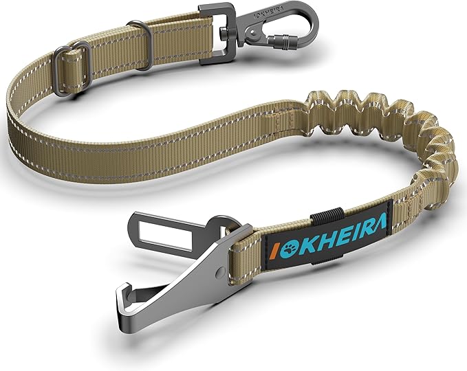IOKHEIRA Dog Seat Belt 3-in-1 Car Harness for Pets Adjustable Safety Seatbelt Nylon Reflective Bungee Fabric Dog Car Harness with Clip Hook Latch & Buckle, Swivel Zinc Alloy Carabiner (Green)