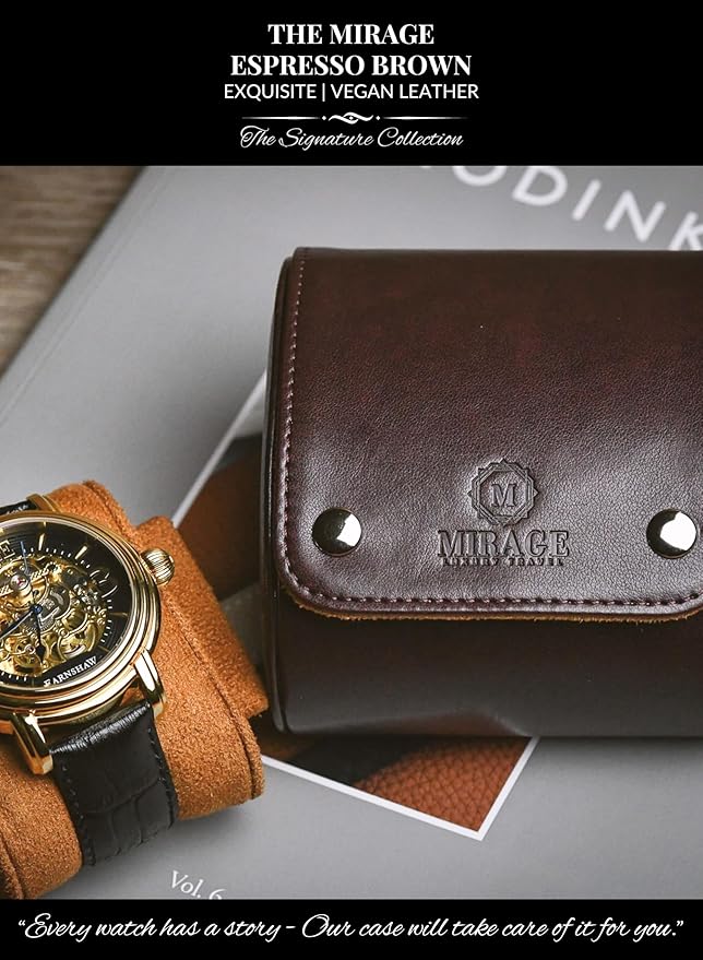 Single Watch Case Travel Box - Watch Travel Case for Men – Single Watch Roll - Espresso Brown Swiss Motif Vegan Leather