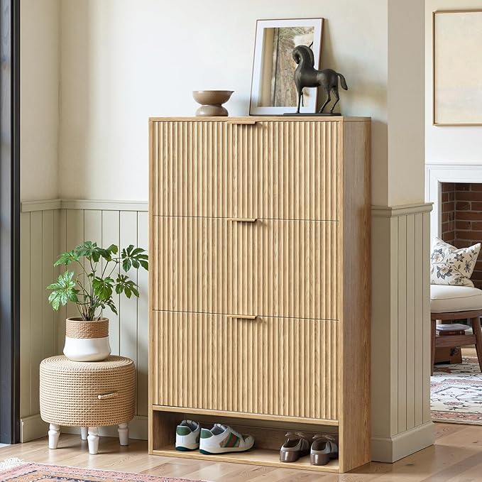 Oak Tall Shoe Storage Cabinet for Entryway with 3 Flip Drawers, Fluted Slim Shoe Cabinet, Free Standing Wooden Shoes Organizer for Foyer, Hallway