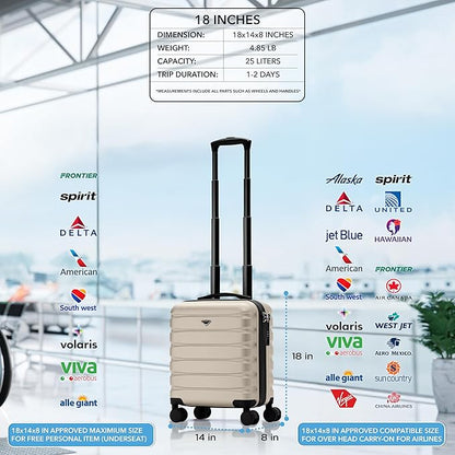 Flight Knight Carry On Suitcase 18x14x8" Hardside Built In TSA Lock & USB Port Lightweight Luggage Silent Double Spinner Wheels Maximum Underseat Carry-On Bag For American & United Approved Airlines