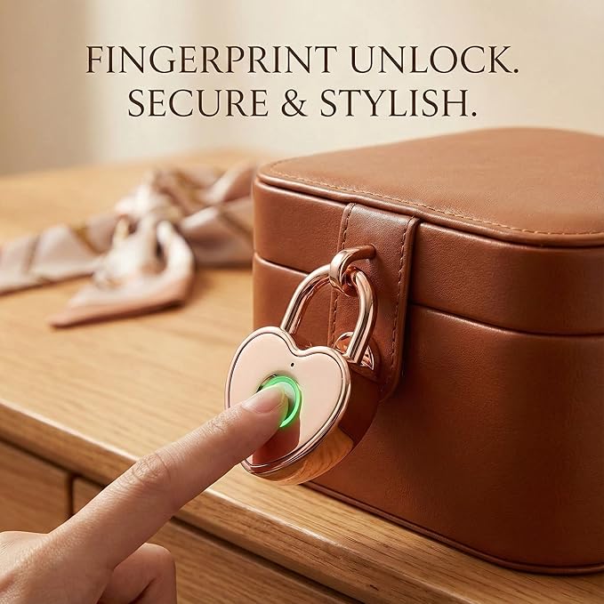 Heart Shaped Fingerprint Padlock, Small Smart Padlock for Gym Locker, Backpack, School, Mailbox, Travel Suitcase (Rose Gold)
