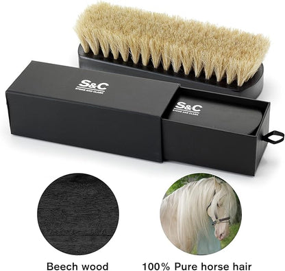 Premium Horsehair Shoe Polish Brush – Handcrafted Beechwood Shoe Brush for Shine and Buffing – Luxurious Shoe Shine Brush with Soft Horsehair Bristles (Black/White)