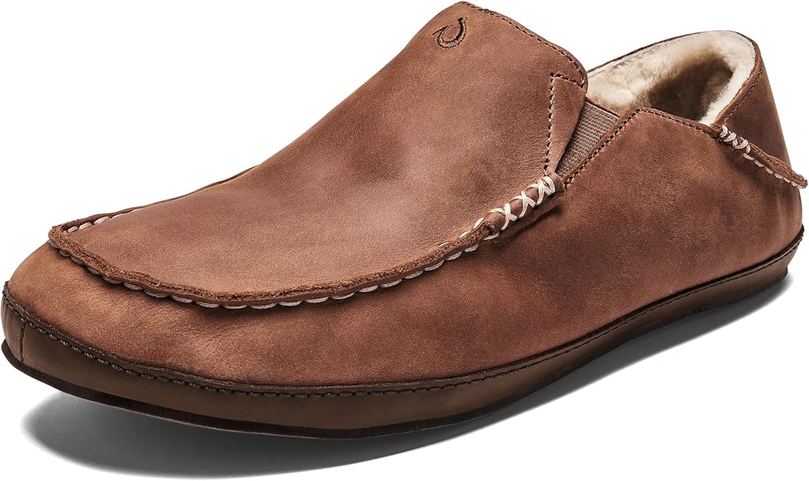 OLUKAI Moloa Slipper, Men's Premium Leather Slip-On Shoes, Soft Genuine Shearling Lining & Gel Insert, Drop-In Heel & All-Day Comfort