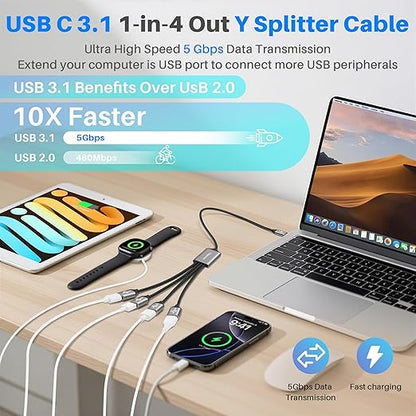 USB C 3.1 Splitter 1-in-4 Out Y-Adapter Cable 1 Feet, 5Gbps USB Type-C 3.1 Male to 4 Four USB-A 3.0 5Gbps Female Multi-Port Extender Connector Hub, Data Charger Power Splitter for iPhone 17/16 Series