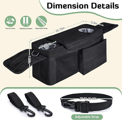 INFANZIA Universal Stroller Organizer with Insulated Cup Holders, Adjustable Stroller Caddy with Phone Bag & Shoulder Strap, Baby Stroller Accessories Fits for Uppababy, Doona, Jogger, Britax (Black)