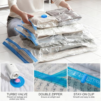 Owfeel 14 Pack Travel Vacuum Bags With Wireless Pump, Portable Compression Bags for Travel, Space Saver Vacuum Seal Bags for Clothing, Luggage, Pillows, Comforters, Reusable & Durable (14 PCS)