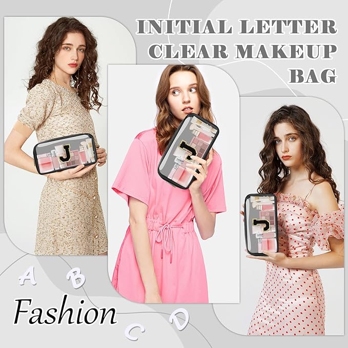 Personalized Initial Letter Clear Makeup Bag,Preppy Small Nylon&PVC Cosmetic Zipper Bag with Chenille Letter,Travel Skincare Toiletry Bag,Monogram Christmas Gift for Teen Girls Women,J