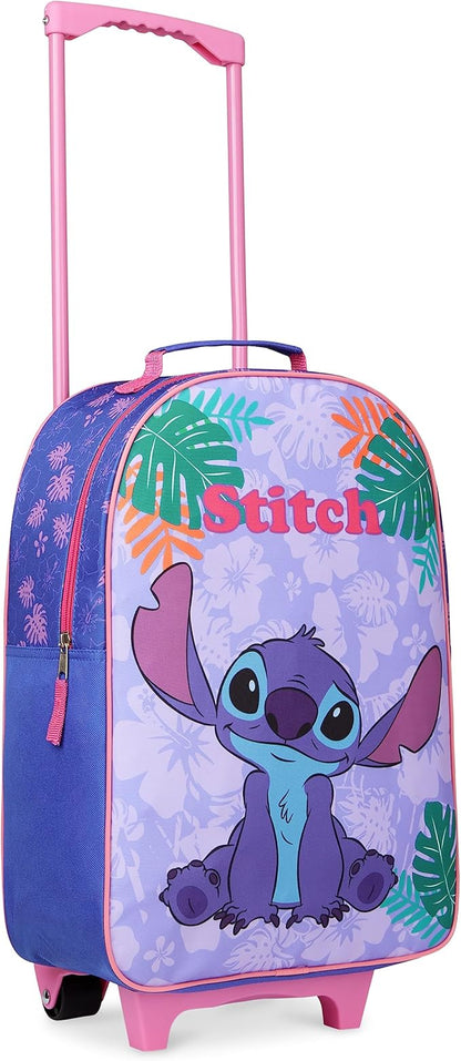 Disney Kids Rolling Luggage 16×11 in, 16‑L Carry‑On Suitcase with Wheels, Foldable Lightweight Travel Bag, Gifts for Kids (Blue Stitch)