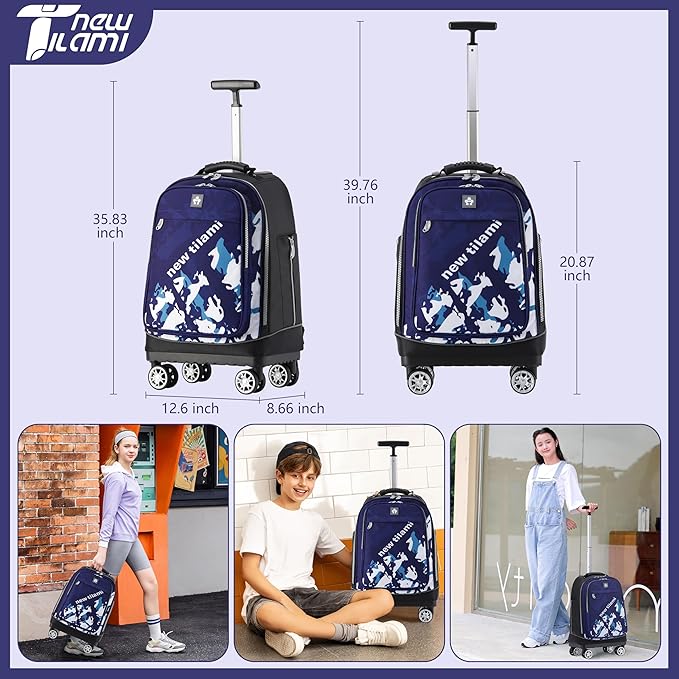 NEW TILAMI 19 Inch Rolling Backpack 360°rotating Universal Wheel, Large Organizer Compartments, Adjustable Handle, Carry on for School Students Business Travel, Blue Shadow Illusory Form