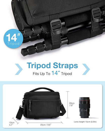 BAGSMART Small Camera Bag for Photographers, Compact Camera Shoulder Bags for DSLR/SLR/Mirrorless Cameras, Waterproof Crossbody Camera Case with Tripod Holder, Black