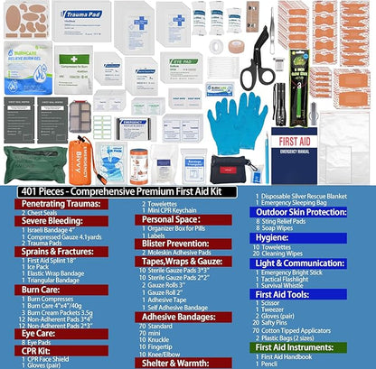 401 Piece First Aid Kit with Chest Seals -Labeled, Expandable & Mountable, Emergency Medical Kit for Home, Car, Camping & Outdoor, Waterproof Trauma Kits with Labeled Compartments