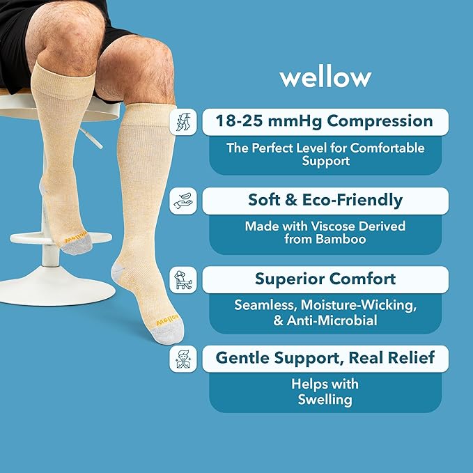 Wellow Premium Socks (Compression Socks - Regular) for Men & Women, Made with Viscose from Bamboo, Knee High, 18-25 mmHg