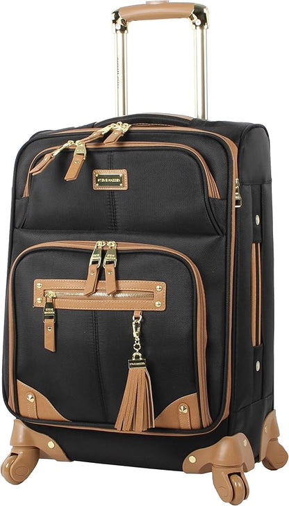 Steve Madden Designer-Gepckkollektion Leichter Softside-Koffer fr Damen und Herren strapazierfhige 50,8 cm groe Tragetasche mit 4 rollenden Spinner-Rdern, Harlo Black, 20in, Carry on Bag With Spinner