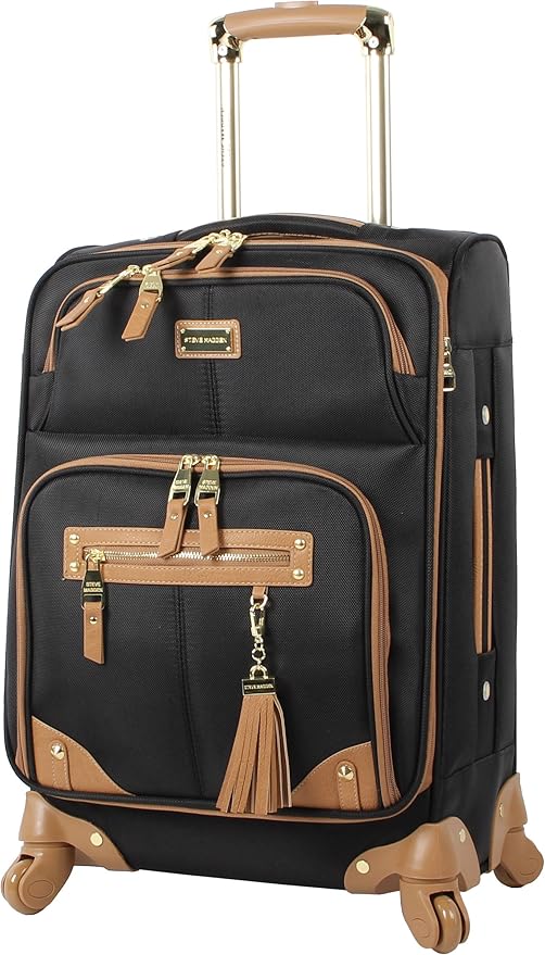 Steve Madden Designer-Gepckkollektion Leichter Softside-Koffer fr Damen und Herren strapazierfhige 50,8 cm groe Tragetasche mit 4 rollenden Spinner-Rdern, Harlo Black, 20in, Carry on Bag With Spinner
