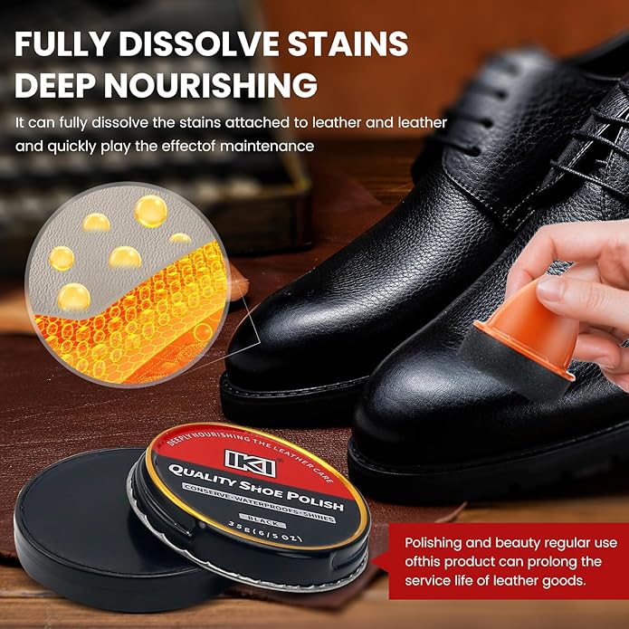 IKI Leather Boot Care Kit - 10 PCS Shoe Polish & Shine Kit with Black Shoe Polish, Sponge Applicators, Horsehair Brush, Microfiber Cloth and Wash Bag, Shoe Care Set for Men & Women