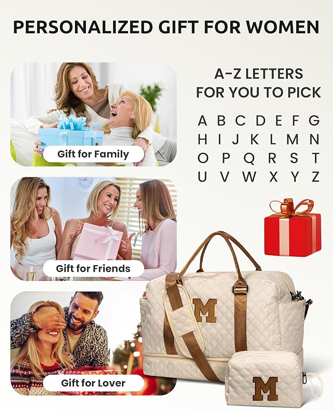 Gifts for Friends-Initial Duffle Bag with Shoe Compartment, Personalized Weekender Bag, Monogram Overnight Bag, Travel Bag with Makeup Bag，Birthday Gifts Bag for Daughter Sister (Letter I)