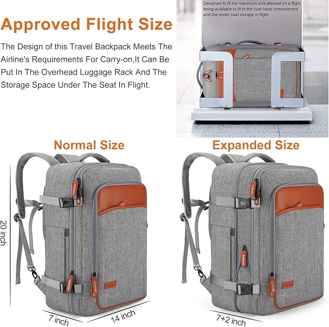 Lumesner Carry on Travel Backpacks, Extra Large 40L Flight Approved for Men & Women,Expandable Suitcase backpack (Grey (Backpack With 4 Packing Cubes))