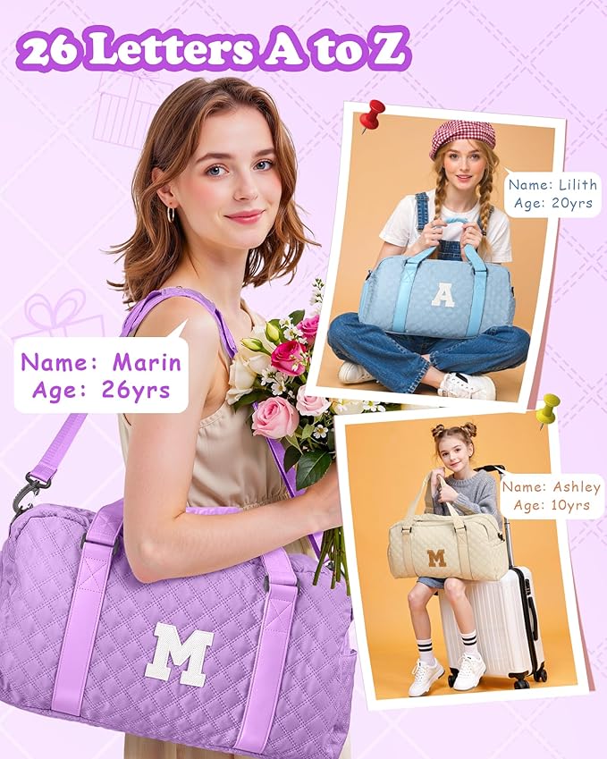 Initial Travel Duffle Bag Women Girls Christmas Gift: Personalized Weekender bags, Dance Cheer bag Sports for Girl, Kid Gymnastics Bags, Birthday Gifts for Women Kids Teens