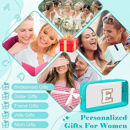 Personalized Initial Letter Clear Makeup Bag,Preppy Small Nylon&PVC Cosmetic Zipper Bag with Chenille Letter,Portable Beach Travel Skincare Toiletry Bag,Trendy Monogram Gift for Teen Girls Women,E