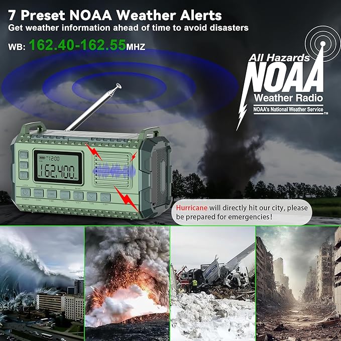 Emergency Weather Radio - AM/FM/NOAA Hand Crank Radio with 15W Fast Charge, 40000mAh Portable Solar Power Bank, Multi-Function Flashlight & SOS Alarm for Outdoor Indoor Emergencies (Green)