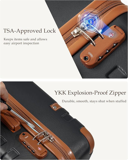 LONG VACATION Luggage Sets 5 Piece, Suitcases With Wheels, PC+ABS Hardshell Luggage Set with Spinner Wheels, TSA Lock (Black Brown)