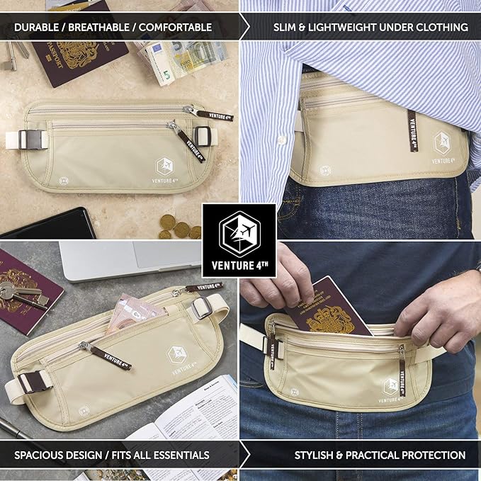 VENTURE 4TH Money Belt for Travel – Hidden Under-Clothes RFID Blocking Passport Holder & Slim Travel Wallet Pouch for Men & Women to Protect Cash, Cards & Documents (Beige)
