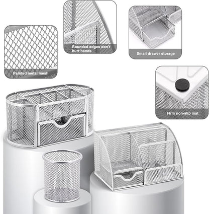 17 in1 Silvery Desk Organizers and Accessories Set, 3 Office Desk Supplies Storage Organization, 4 Pens, Stapler, Staples & Remover, Tape & Dispenser, Scissors, Ruler, Clips, Hole Punch Back to School