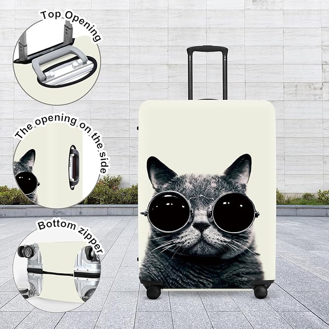 Cool Cat Luggage Protector, Washable Suitcase Cover with Sunglasses Feline Design Anti-scratch for 32",34"Bag