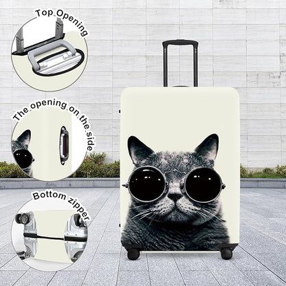 Cool Cat Luggage Protector, Washable Suitcase Cover with Sunglasses Feline Design Anti-scratch for 32",34"Bag