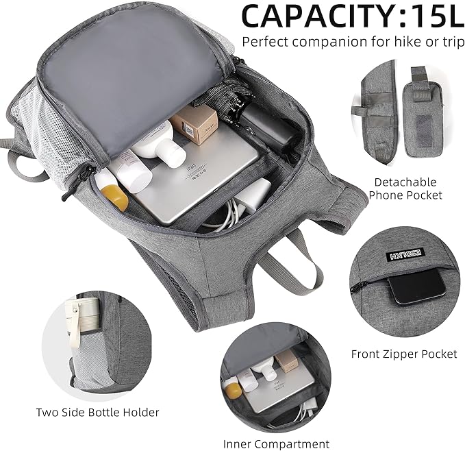Small Hiking Backpack with Detachable Front Phone Holder, Foldable Packable Back pack with Chest and Waist Strap, Lightweight Daypack for Women Men (Gray, 15L)