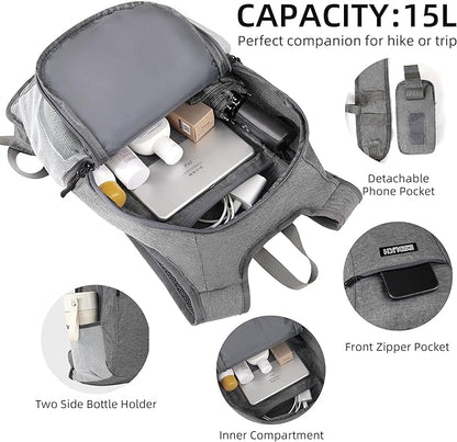 Small Hiking Backpack with Detachable Front Phone Holder, Foldable Packable Back pack with Chest and Waist Strap, Lightweight Daypack for Women Men (Gray, 15L)