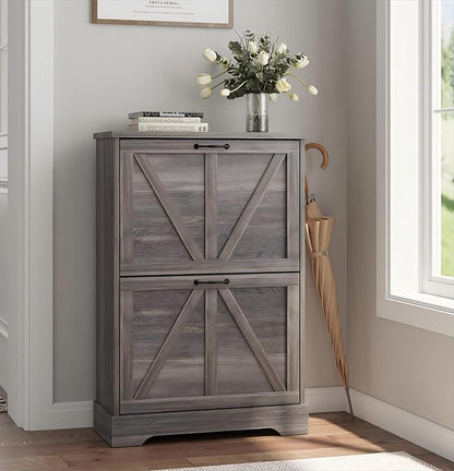Shoe Cabinet, Shoe Storage Cabinet for Entryway with 2 Flip Drawers, Narrow Farmhouse Shoe Organizer Cabinet, Slim Shoe Rack Cabinet, Gery