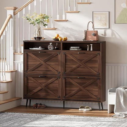 Shoe Storage Cabinet with 4 Flip Drawers Narrow Shoe Rack Cabinet Farmhouse Design Freestanding Shoe Organizer with Open Storage for Entryway,Hallway,Foyer,Walnut