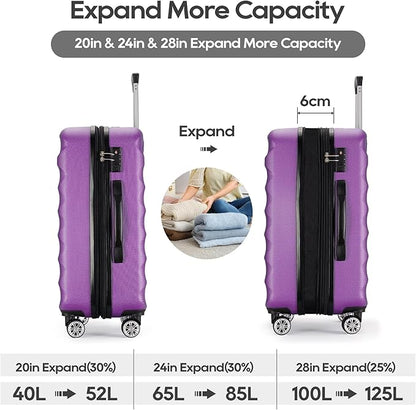 GinzaTravel 3-piece expandable luggage sets with Spinner Wheels， ABS hardshell Suitcase with TSA Lock，Large Luggage for Family Travel & carry on 20/24/28，Purple color