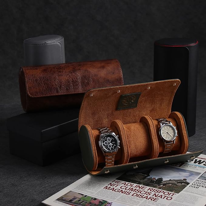 Genuine Napa Leather Watch Roll Travel Case for 3 Watches - Travel Watch Rolls and Leather Watch Display Cases with Velvet Interior - Watch Storage Organizer Men's