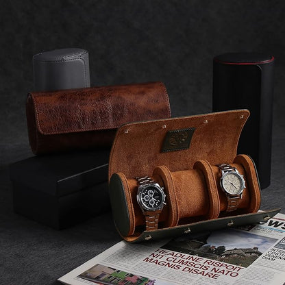 Genuine Napa Leather Watch Roll Travel Case for 3 Watches - Travel Watch Rolls and Leather Watch Display Cases with Velvet Interior - Watch Storage Organizer Men's