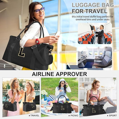 Dance Gym Duffel Bag for Teen Girls, Personalized Initial Travel Weekender Bag,Cute Overnight Carry On Duffle for Women,Sports Travel Cheer Bag,Monogram Christmas Gifts for Tween Preppy(black-L)