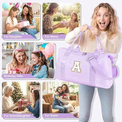 Dance Gym Duffel Bag for Teen Girls, Personalized Initial Travel Weekender Bag,Cute Overnight Carry On Duffle for Women,Sports Travel Cheer Bag,Monogram Christmas Gifts for Tween Preppy(purple-A)