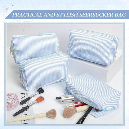 Sanwuta 6 Pcs Seersucker Cosmetic Bags Bulk Seersucker Makeup Bags Stripe Women Pouch Large Preppy Storage Pouch Toiletry Travel Organizer for Wedding Bridesmaid Bride Favor Mom Gift (Blue)