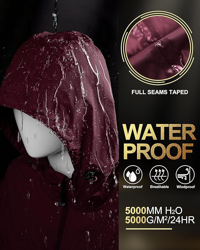 33,000ft Women's Waterproof Long Rain Coats Packable Rain Jacket with Hood Trench Coats Windbreaker
