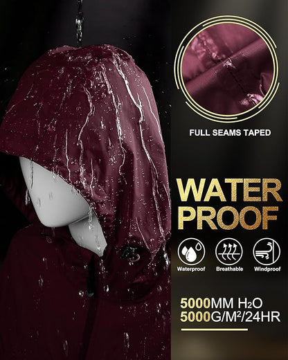 33,000ft Women's Waterproof Long Rain Coats Packable Rain Jacket with Hood Trench Coats Windbreaker