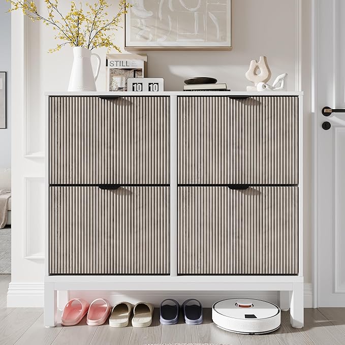 GAOMON Shoe Cabinet with 4 Flip Drawers, Entryway Cabinet with Adjustable Shelves, Accommodate 16 to 20 Pair of Shoes, Space-Saving Slim Shoe Cabinet for Entryway, Hallway, Front Door, White Grey