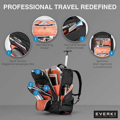 EVERKI Atlas 30L Wheeled Laptop Backpack – Carry-On Travel Backpack for Women & Men – Fits 13 to 17.3-Inch Laptops with Adjustable Compartment – Rolling Backpack for Travel – Black (EKP122)