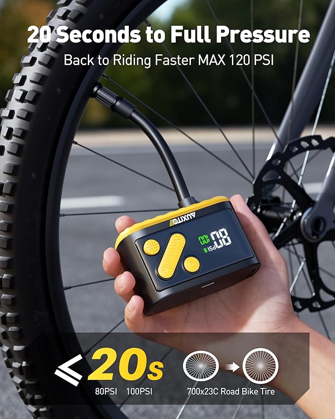 AUXITO Bike Pump, Mini Electric Bicycle Pump with Guage 20s Fast Inflate, 120PSI Bike Tire Pump with Presta & Schrader Valve Adaptor, Bike Accessories for Road Mountain Bike, E-Bike, Motorcycle